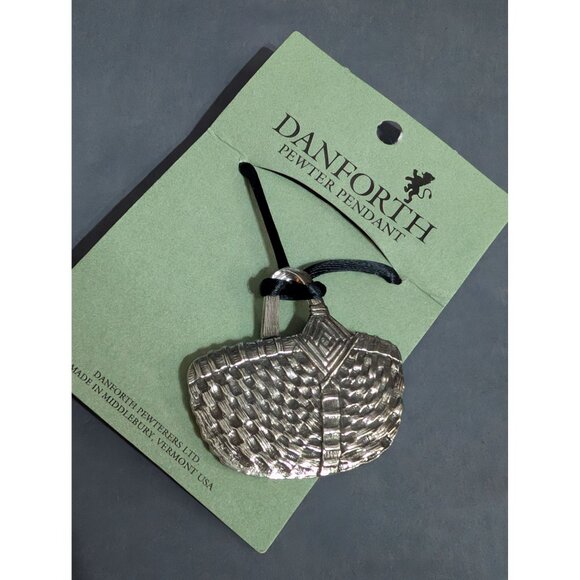 Danforth Pewter Basket Pendant 2x2 in Made in USA Vintage 1990 on Cord - Picture 3 of 4